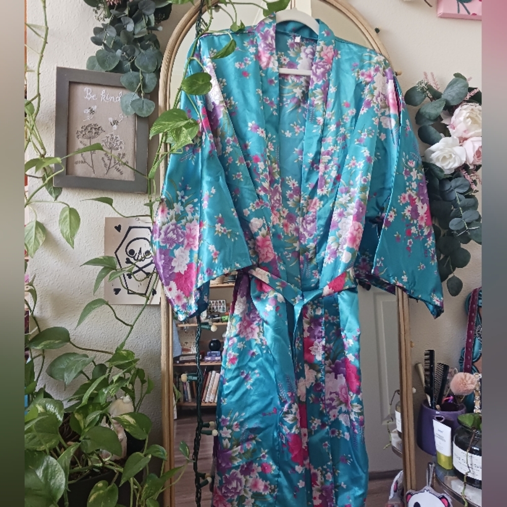 Pink Floral Blue Kimono